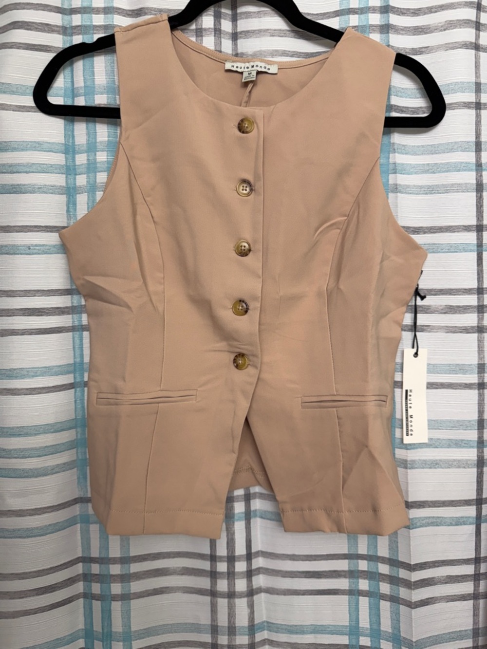 Haute Monde Beige Sleeveless Button Vest & Wide-Leg Pants Set - Picture 2 of 4